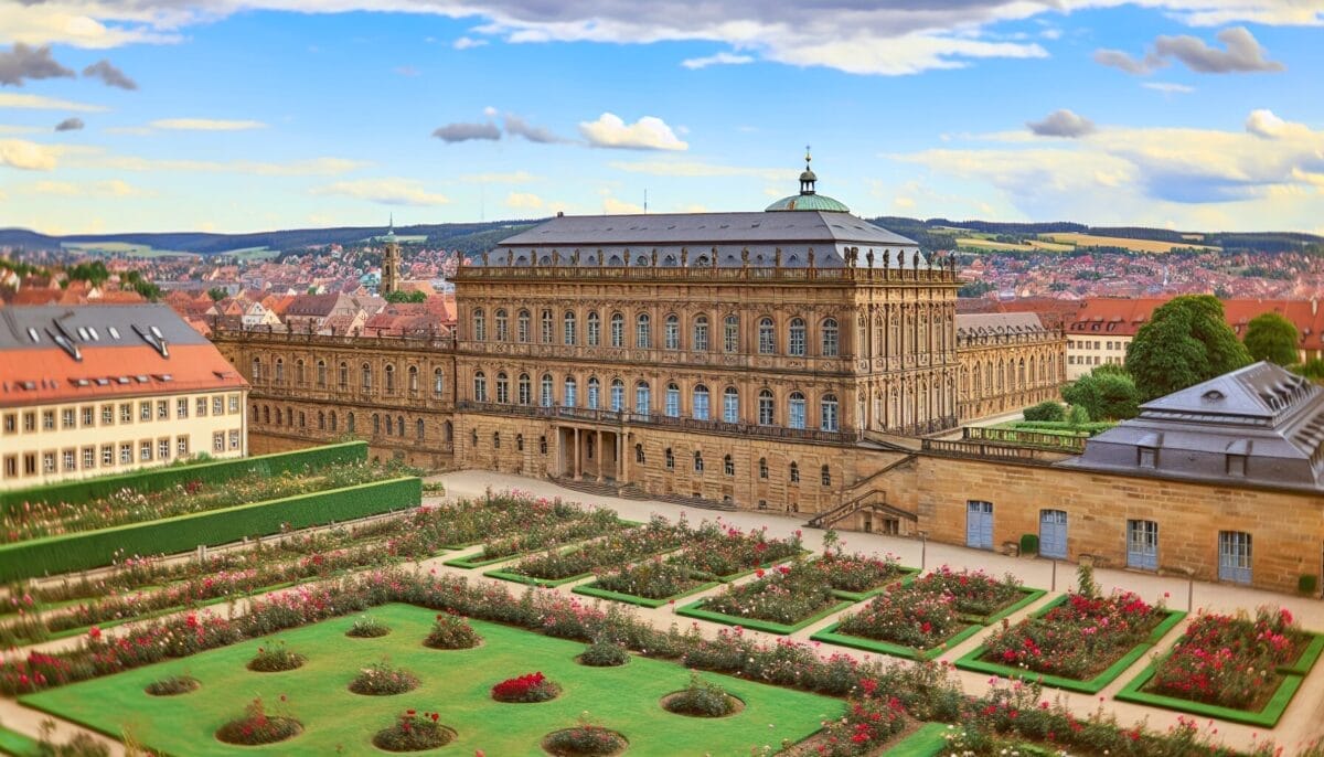 Die Neue Residenz und der Rosengarten mit prachtvoller Architektur und Panoramablick auf die Stadt