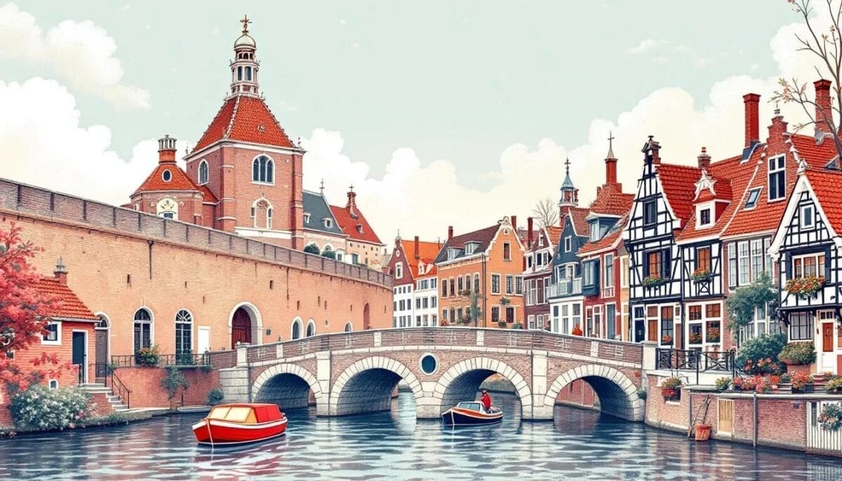 Historische Sehenswürdigkeiten in Elburg, darunter die Stadtmauer und alte Gebäude.