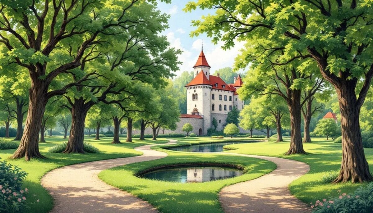 Natur im Schlosspark Rotenburg an der Fulda mit Wanderwegen und Bäumen.