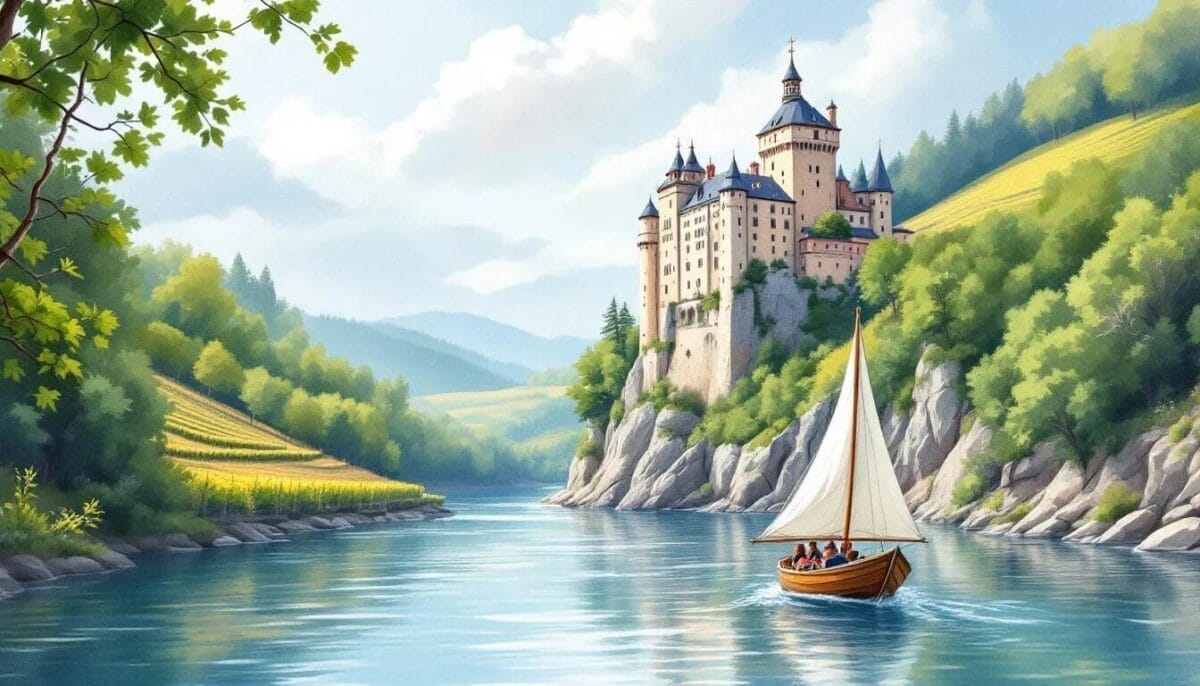 Ein Schiff auf dem Rhein, das zur Burg Rheinstein fährt.