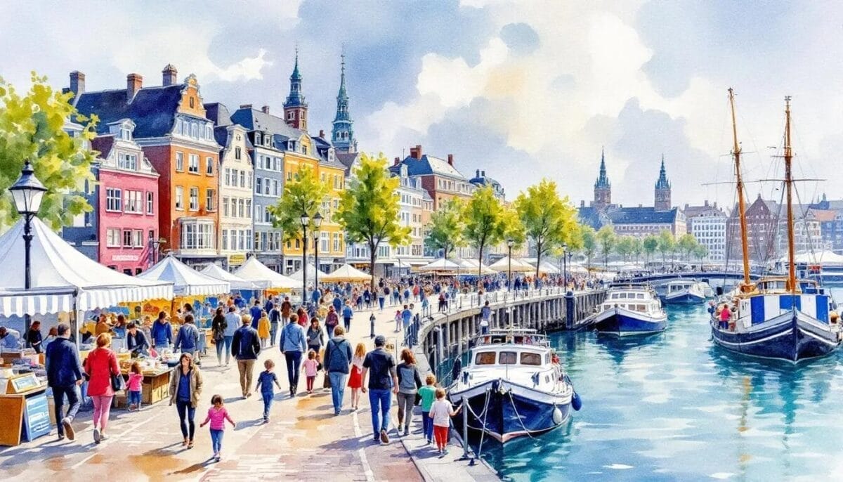 Die Landungsbrücken in Hamburg mit Menschen und Schiffen.