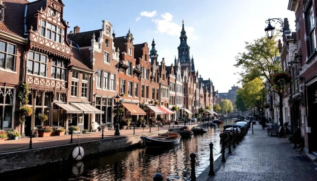 Ein Blick auf die historische Altstadt von Dordrecht mit ihren alten Gebäuden und Grachten. Dordrecht Sehenswürdigkeiten