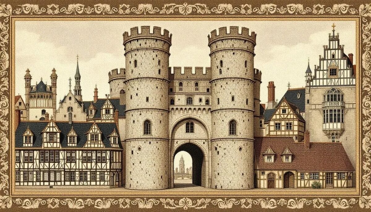 Das Holstentor, das berühmte Wahrzeichen Lübecks, umgeben von historischen Gebäuden.