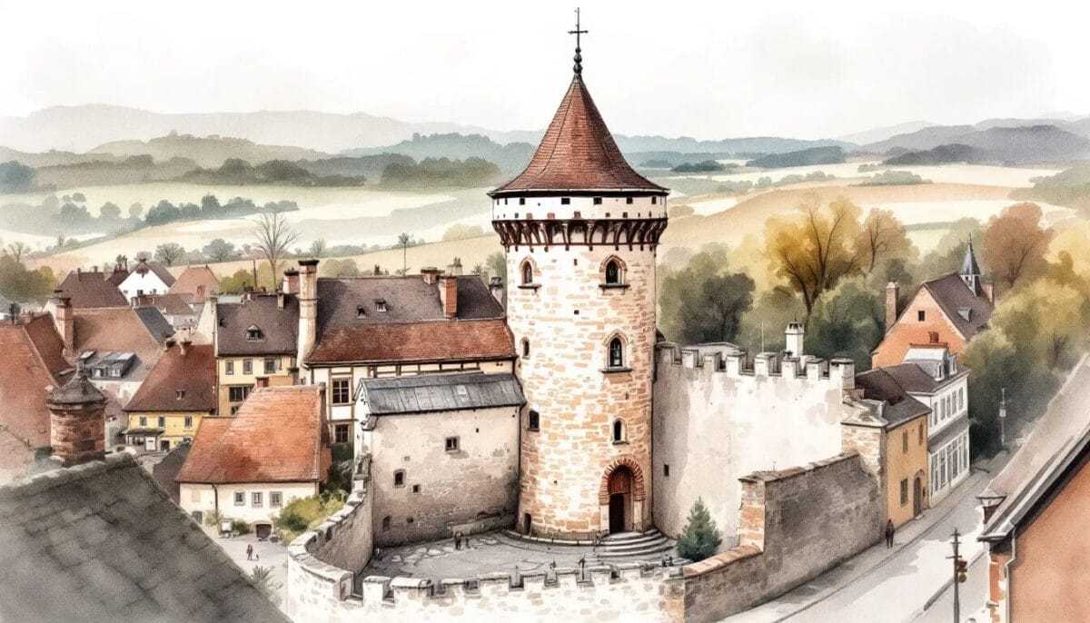 Der Hausgenossenturm in Wissembourg, ein historisches Gebäude mit Stadtmauer im Hintergrund.