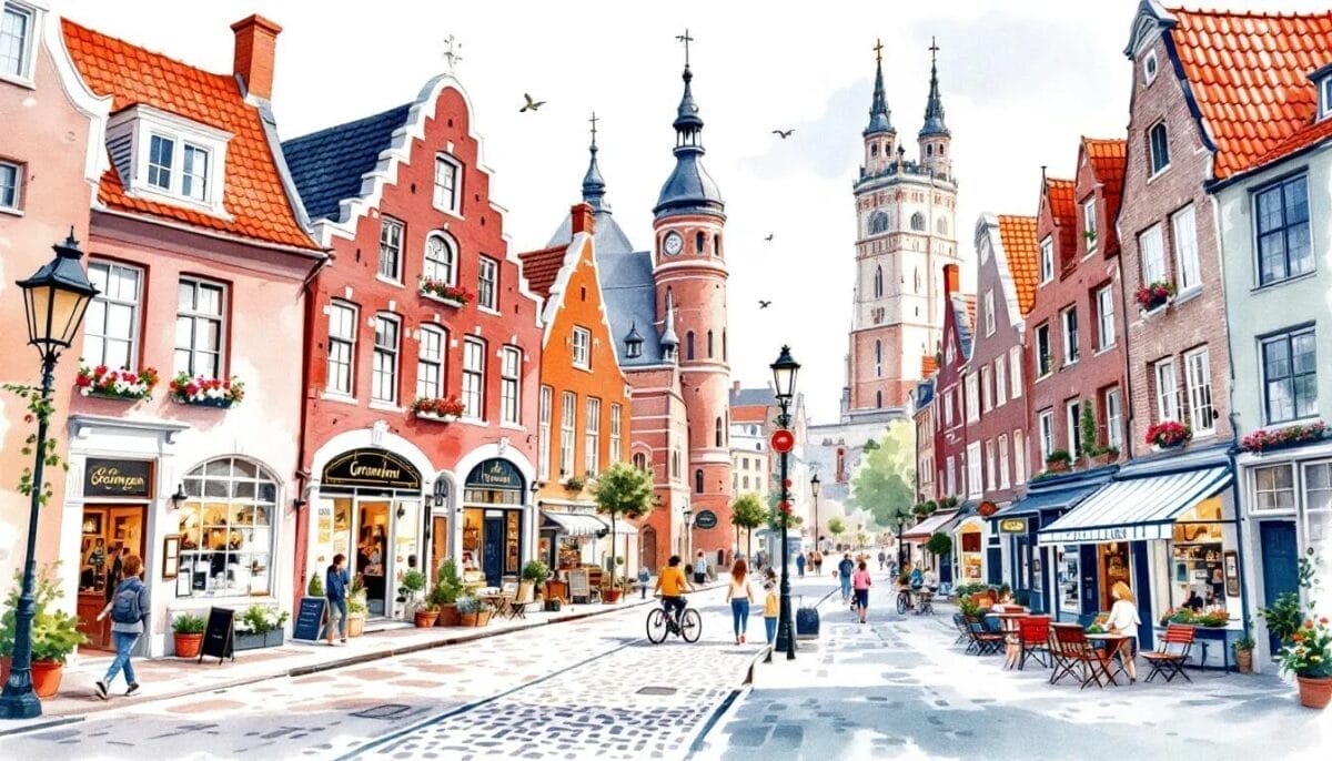 Der Martinitoren, ein historisches Wahrzeichen in Groningen, umgeben von der Altstadt.