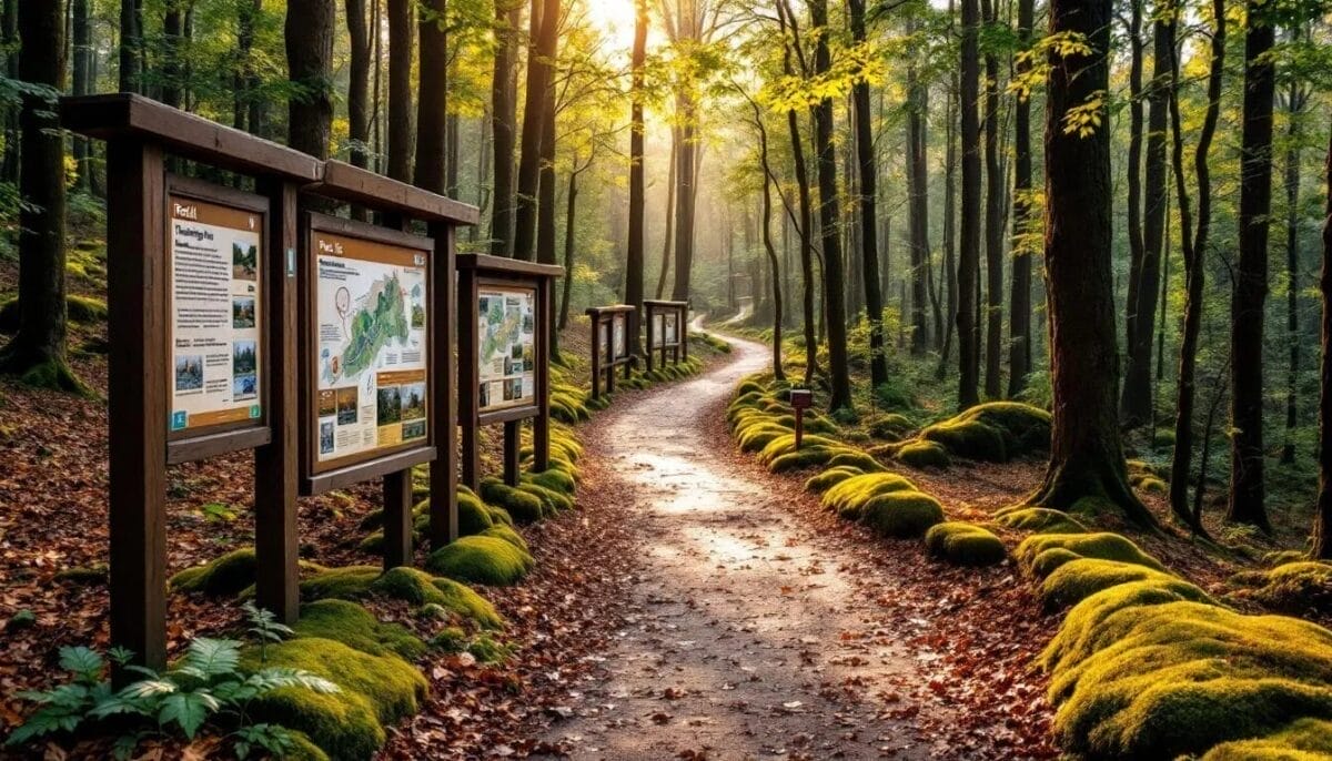 Ein malerischer Wanderweg schlängelt sich durch den dichten Thüringer Wald, gesäumt von Wandermarkierungen und Schautafeln, die Informationen über die Natur und die Geschichte der Region bieten. Diese Route ist ein beliebtes Ausflugsziel für Familien und Besucher, die die Schönheit der Umgebung erkunden möchten.