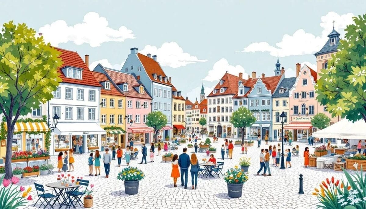 Friedrichstadt Sehenswürdigkeiten: Die besten Tipps für deinen Besuch 9 Der Marktplatz in Friedrichstadt, umgeben von Geschäften und Cafés.