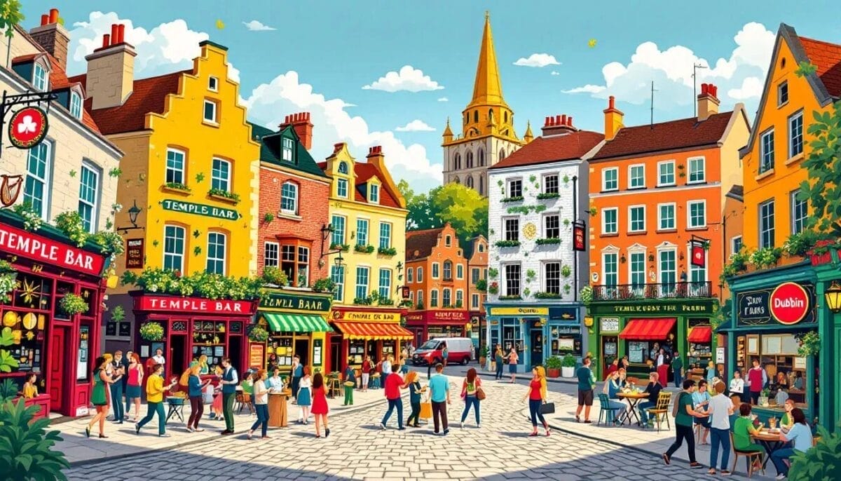Der lebhafte Temple Bar in Dublin, bekannt für seine Pubs und Kultur.