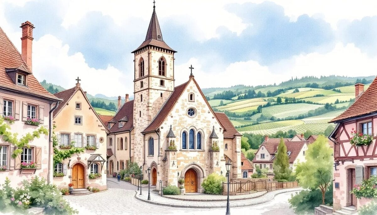 Kirchen und Kapellen in Eguisheim, darunter die Kirche Saints-Pierre-et-Paul.