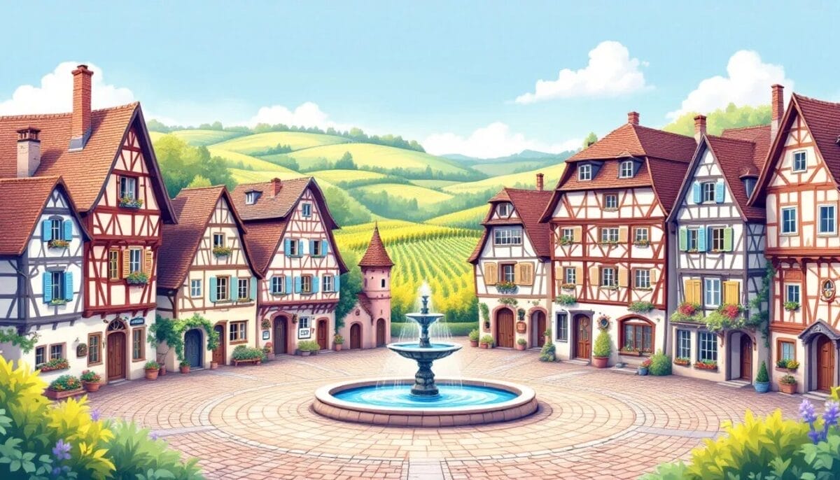 Turckheim im Elsass – Beste Aktivitäten und Sehenswürdigkeiten 1 Ein Blick auf die historische Altstadt von Turckheim mit Fachwerkhäusern und einem Brunnen.