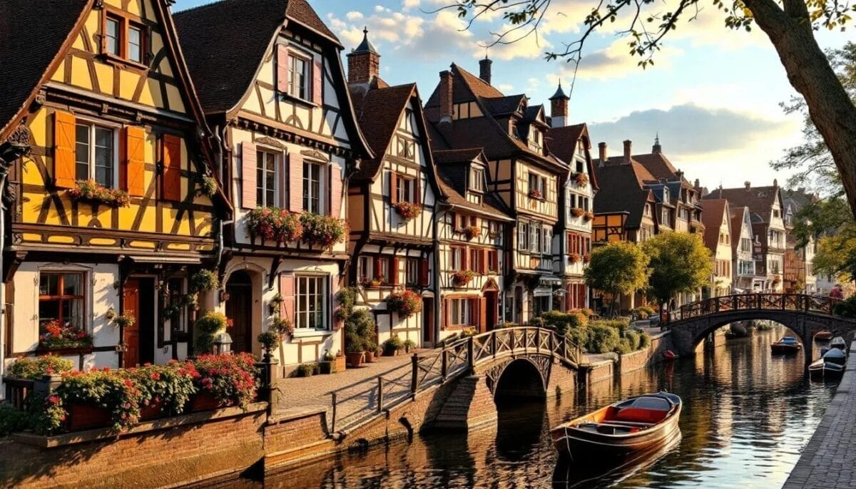 Klein-Venedig in Esslingen, eine malerische Gegend mit Fachwerkhäusern und Wasserwegen.