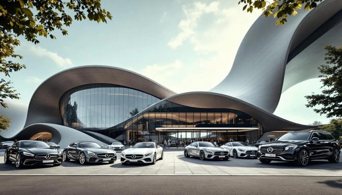 Das Mercedes-Benz Museum mit modernen Autos im Vordergrund.