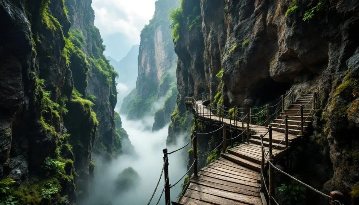 In der Drachenschlucht, umgeben von hohen Felswänden, führen Holzstege durch die mystische Landschaft des Thüringer Waldes. Diese Sehenswürdigkeit in der Umgebung von Eisenach bietet Wanderern ein beeindruckendes Erlebnis und einen Blick auf die natürliche Schönheit der Region.