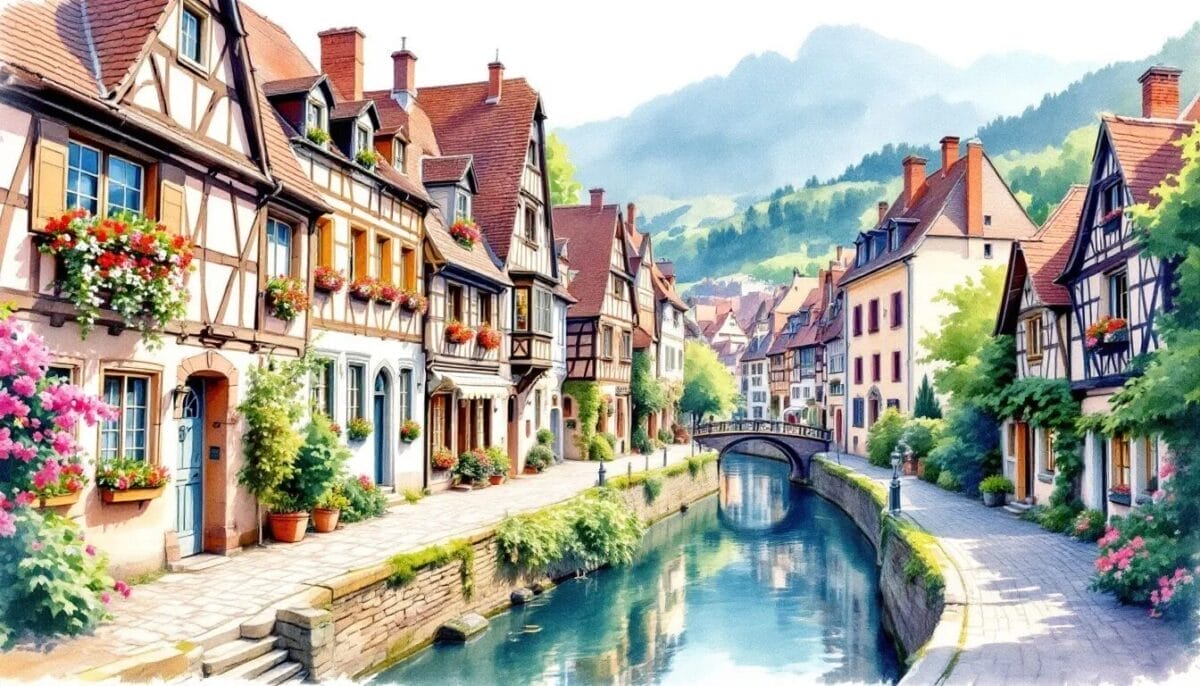 Ein Blick auf die Stadt Riquewihr, die reich an Geschichte ist.