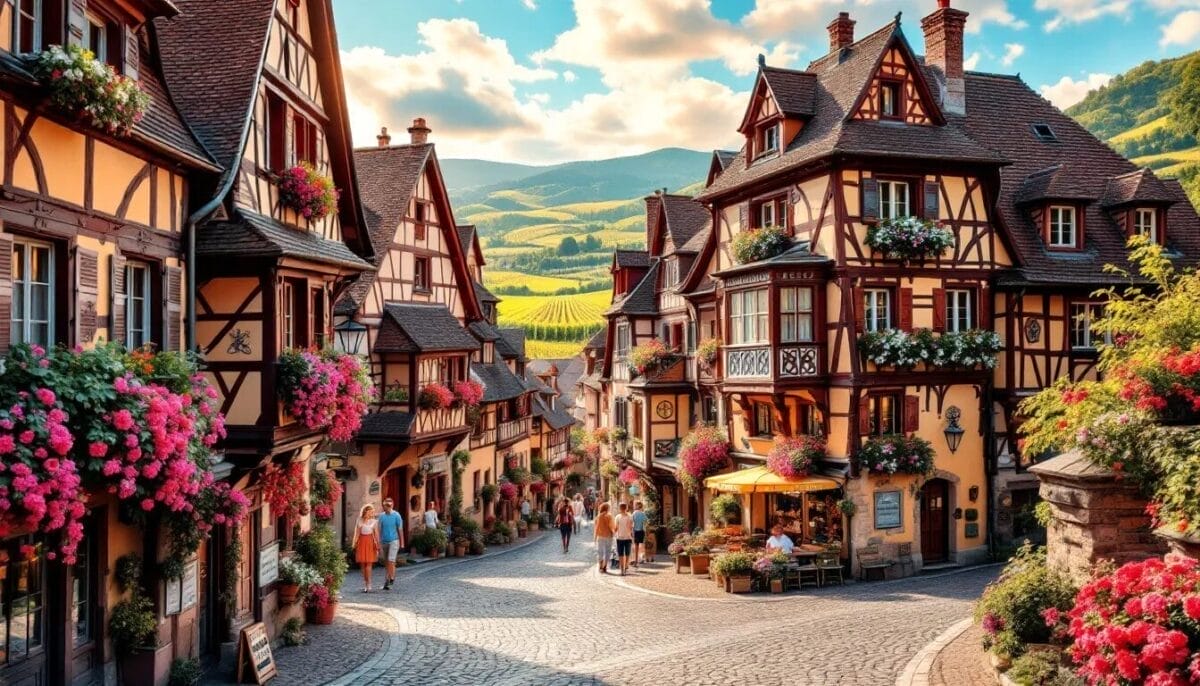 Die historische Altstadt von Ribeauvillé mit Fachwerkhäusern und charmanten Straßen.