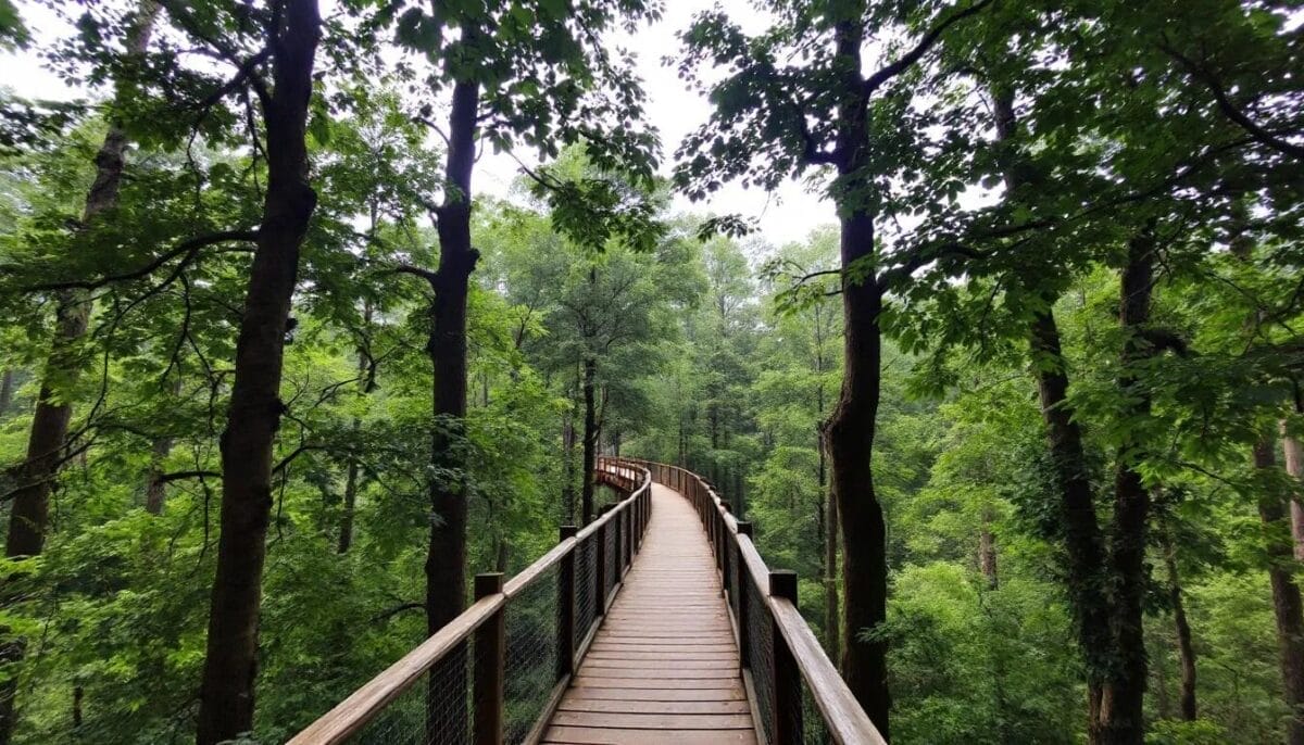 Der Baumkronenpfad im Nationalpark Hainich bietet einen beeindruckenden Blick zwischen den grünen Baumwipfeln und ermöglicht den Besuchern, die Natur Thüringens hautnah zu erleben. Diese Attraktion ist ein ideales Ausflugsziel für Familien und Naturfreunde, die die Ruhe und Harmonie des Waldes genießen möchten.