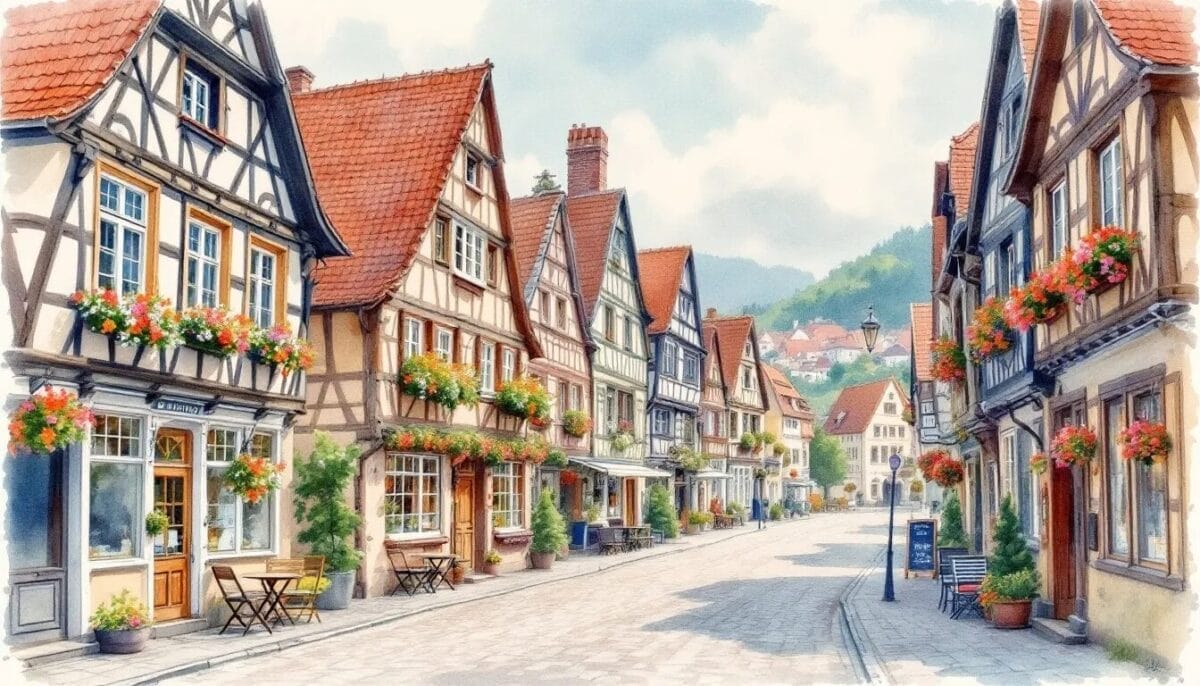 Top Bensheim Sehenswürdigkeiten: Die besten Ausflugsziele an der Bergstraße 5 Ein Blick auf die historische Altstadt von Bensheim mit Fachwerkhäusern und der Fußgängerzone. Bensheim Sehenswürdigkeiten
