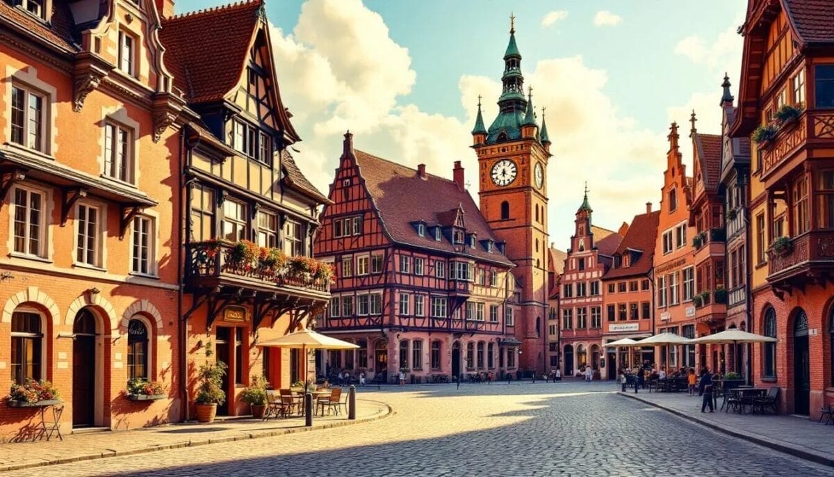 Der Marktplatz mit dem Rathaus von Glückstadt, umgeben von historischen Gebäuden.
