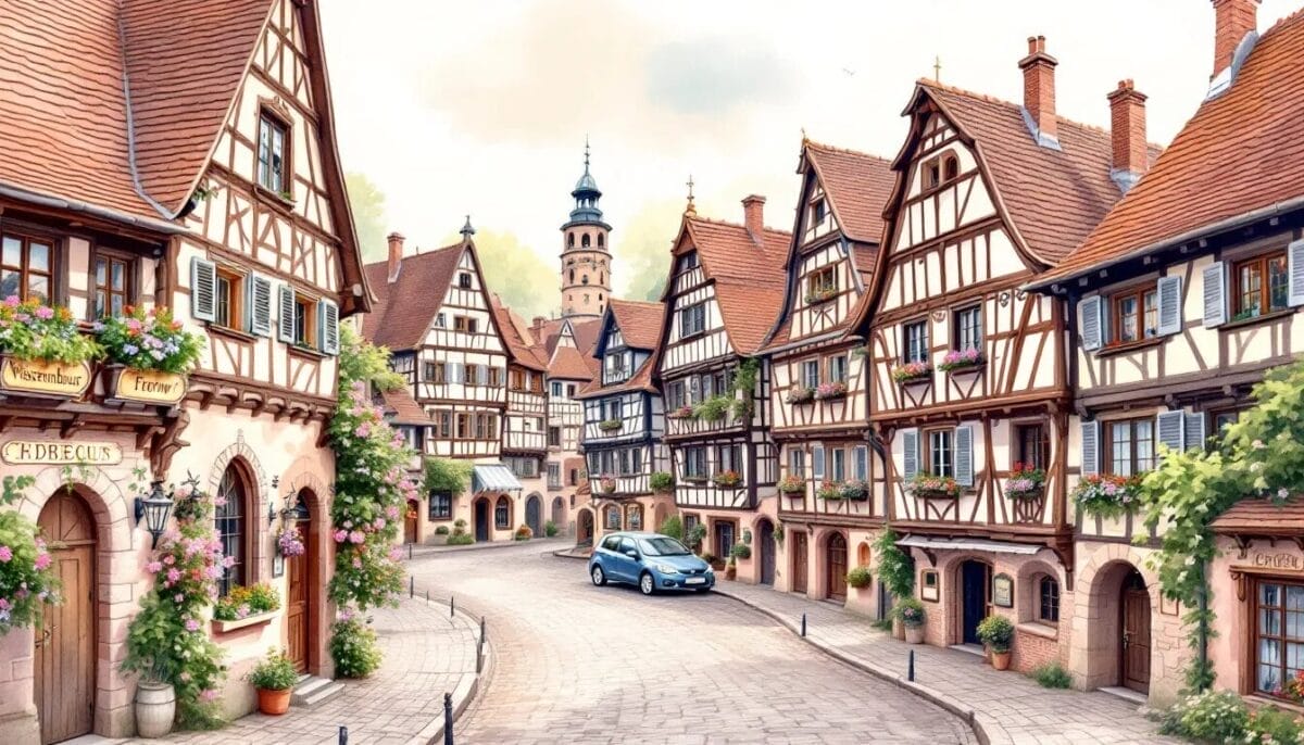 Ein Blick auf die historische Altstadt von Wissembourg mit Fachwerkhäusern und der Stadtmauer.