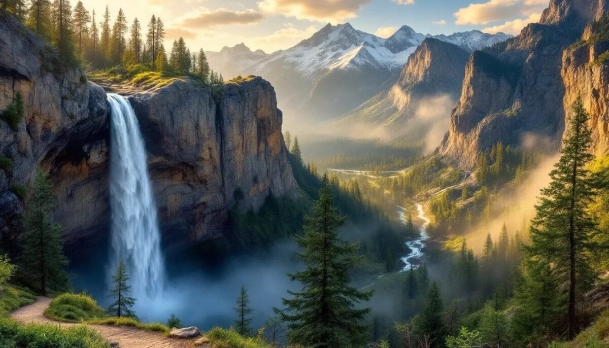 Blick auf die beeindruckenden Wasserfälle im Yosemite Nationalpark, eine der Hauptsehenswürdigkeiten Kaliforniens. Kalifornien Sehenswürdigkeiten