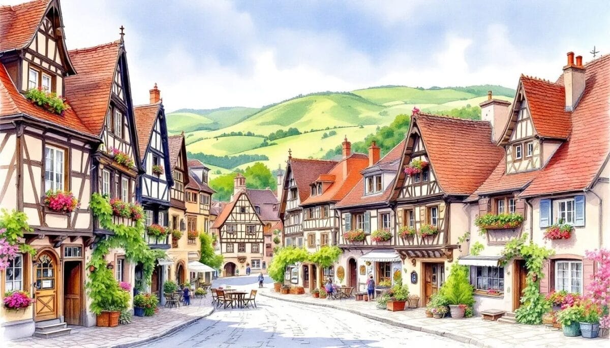 Riquewihr Sehenswürdigkeiten – Entdecke das malerische Elsass-Dorf! 2 Die beeindruckenden Sehenswürdigkeiten von Riquewihr, darunter Fachwerkhäuser und die Stadtmauer.