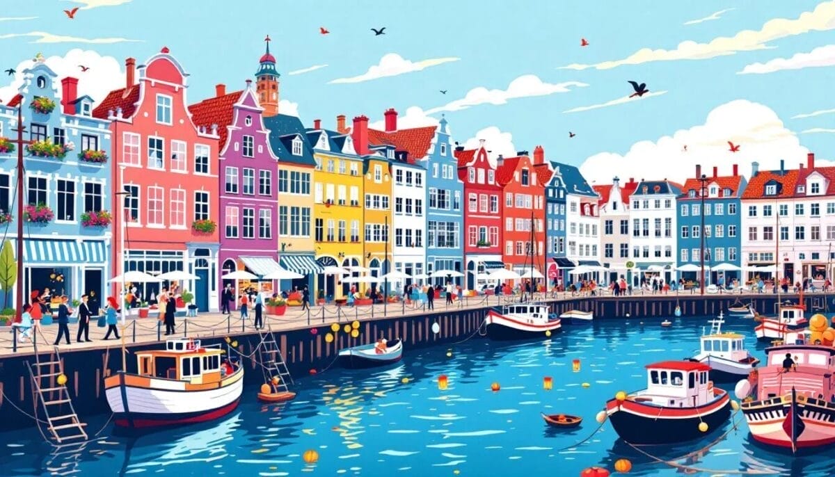 Nyhavn, das malerische Hafenviertel in Kopenhagen mit bunten Häusern und Booten.