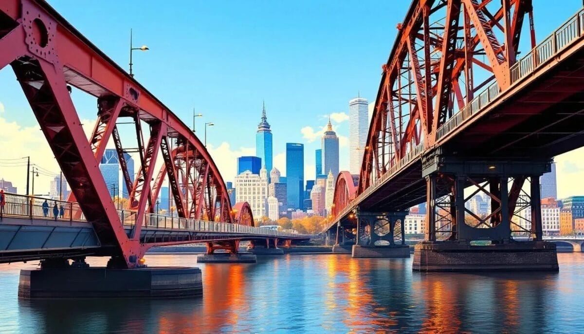 Der Eiserne Steg in Frankfurt, eine Fußgängerbrücke mit Blick auf die Skyline.