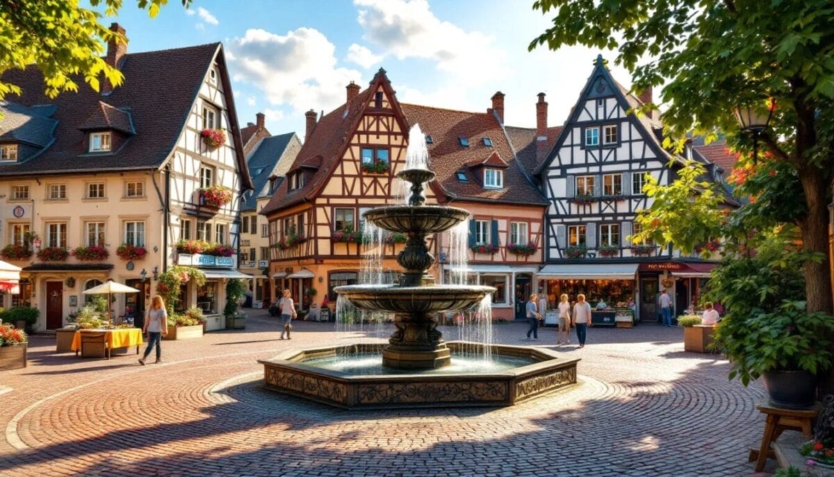 Der Marktplatz in Michelstadt mit dem Marktbrunnen, ein beliebter Treffpunkt. Sehenswürdigkeiten Michelstadt