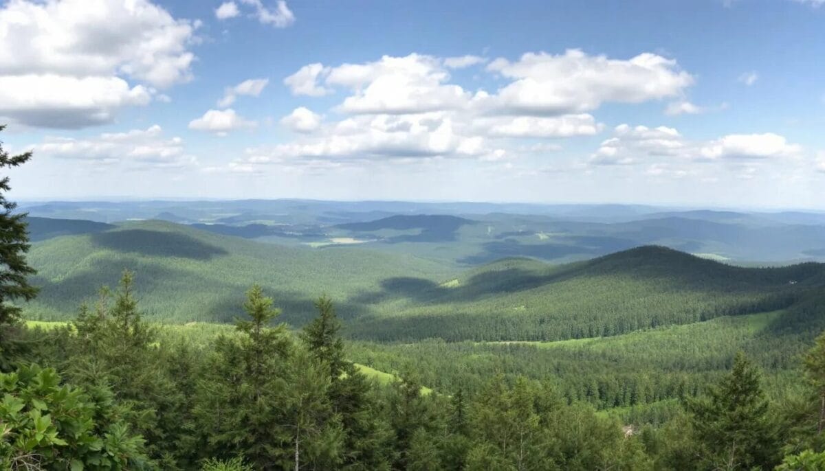 . Der Panoramablick vom Kickelhahn zeigt eine atemberaubende Landschaft des Thüringer Waldes, geprägt von dichtem Nadelwald und sanften Hügeln, die ideal für Ausflugsziele und Freizeitaktivitäten sind. Diese Region in Thüringen bietet Besuchern zahlreiche Möglichkeiten, die Natur zu genießen und die Sehenswürdigkeiten wie das Goethehäuschen zu erkunden.